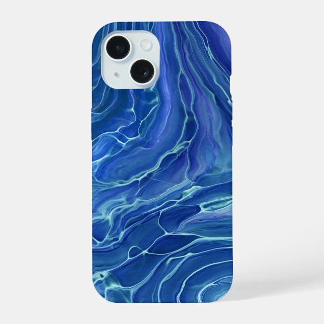 Blue & White Marble Acrylic Abstraction iPhone 15 Case (Back)