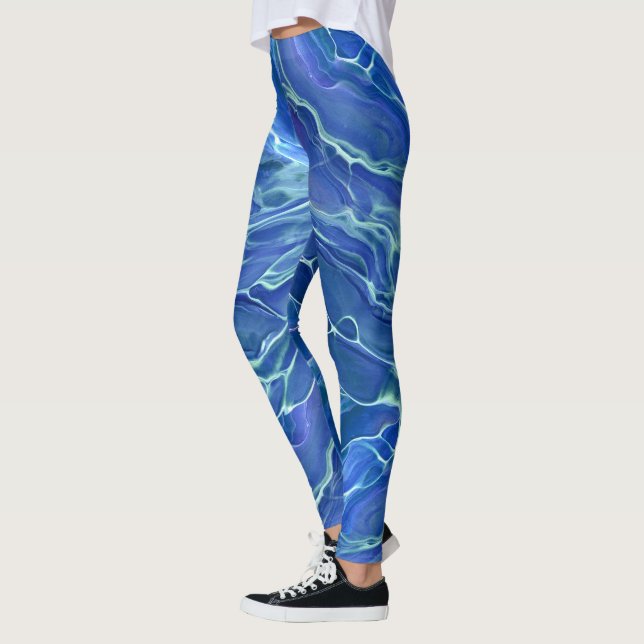 Blue & White Marble Acrylic Abstraction Leggings (Left)