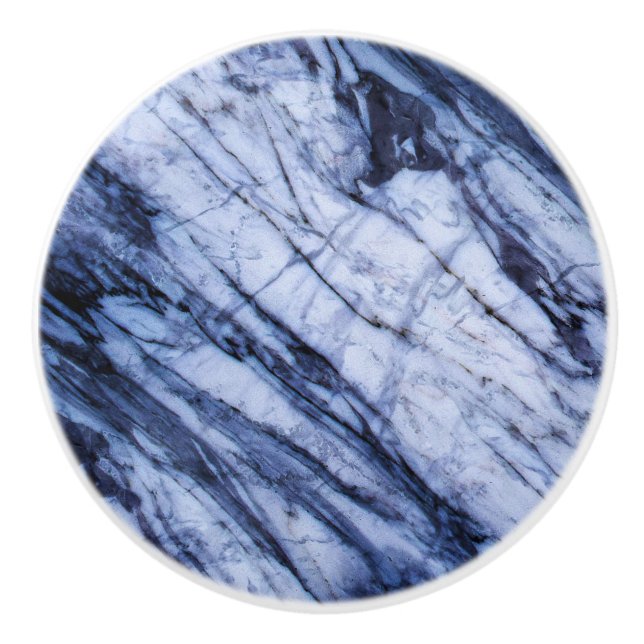 Blue & White Marble Stone Swirl Modern Chic Ceramic Knob (Front)