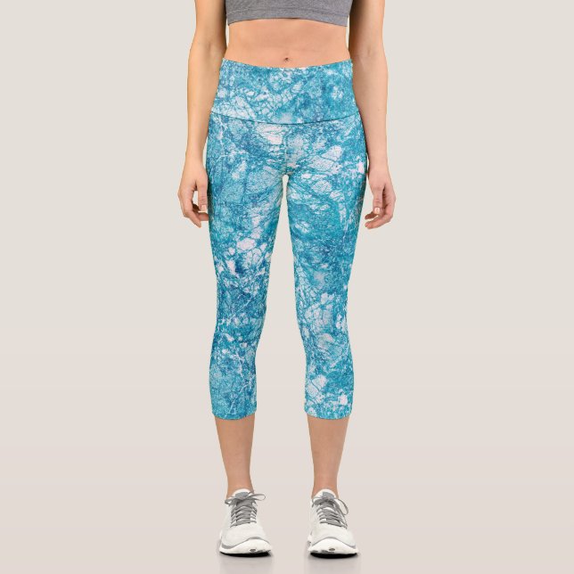 Blue & White Marble Texture Capri Leggings (Front)