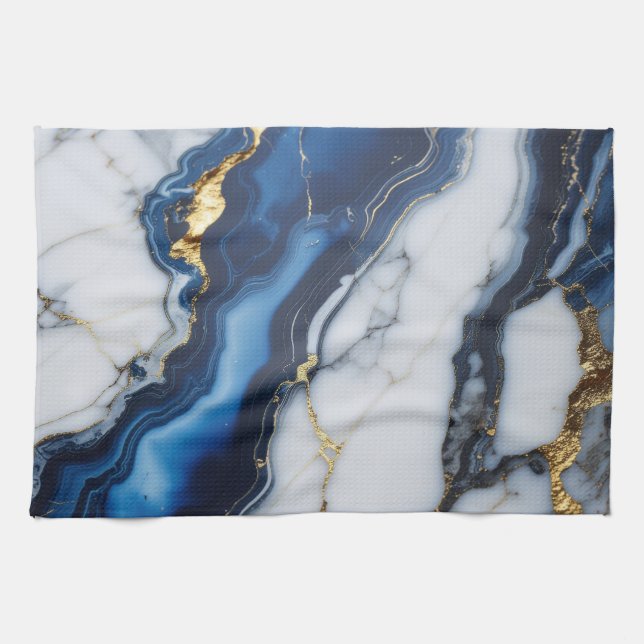 blue white marble texture gold texture pattern lux kitchen towel (Horizontal)