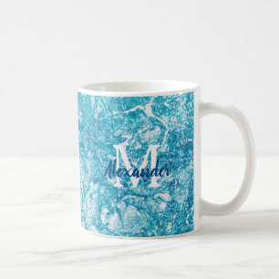 Blue & White Marble Texture Monogram Coffee Mug