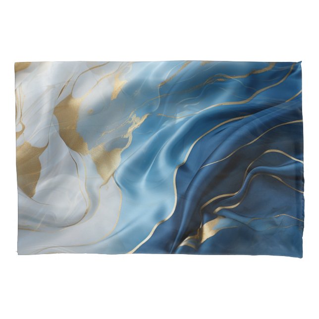 Blue White Marble with Gold Silk Look Pillowcase (Front)