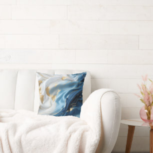 Blue White Marble with Gold Silk Look Throw Pillow