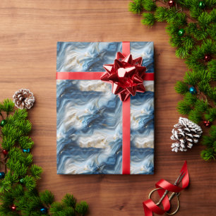 Blue White Marble with Gold Silk Look Wrapping Paper