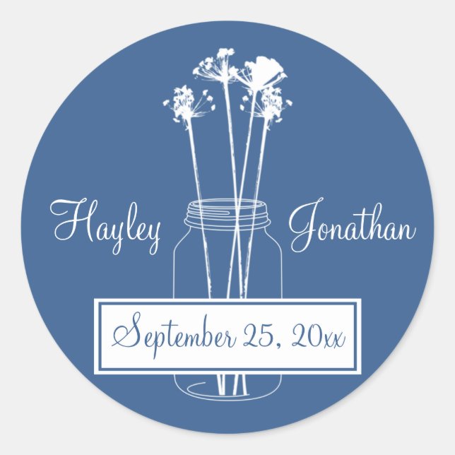 Blue White Mason Jar Save The Date Round Stickers (Front)