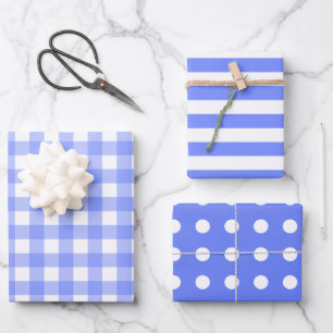 Blue White Matching Patterns Gingham Dots Striped Wrapping Paper Sheet