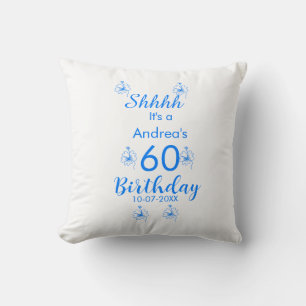 Blue white mauve shhhh 60th birthday floral name throw pillow