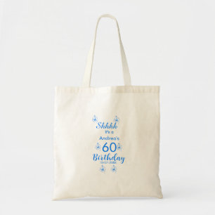 Blue white mauve shhhh 60th birthday floral name tote bag