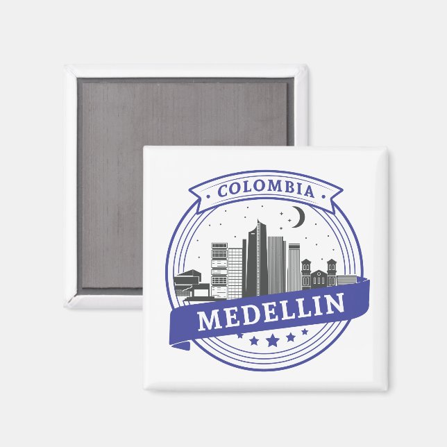 Blue White Medellin Colombia Cityscape Logo Magnet (Front/Back)