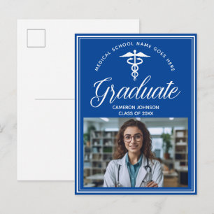 Blue White Medical School Photo Graduation Announcement Postcard