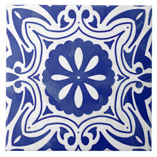 Blue White Mediterranean Abstract Floral Tile