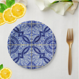 Blue + White Mediterranean Azulejo Tile Pattern Paper Plate