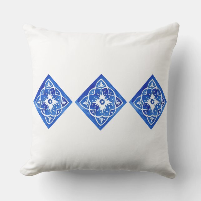 Blue & White Mediterranean Tile Large Outdoor Pillow (Front)