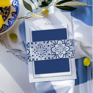 Blue & White Mediterranean Tile Wedding Invitation Belly Band