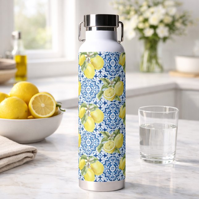 Blue White Mediterranean Tiles Lemon Pattern Water Bottle (Creator Uploaded)
