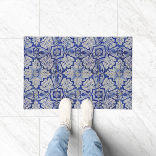 Blue & White Mediterranean Vintage Floral Pattern  Doormat