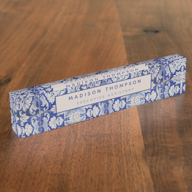 Blue & White Mediterranean Vintage Floral Pattern Nameplate (Side)