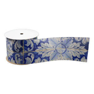 Blue & White Mediterranean Vintage Floral Pattern  Satin Ribbon