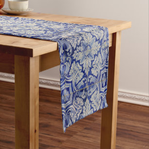 Blue & White Mediterranean Vintage Floral Pattern Short Table Runner