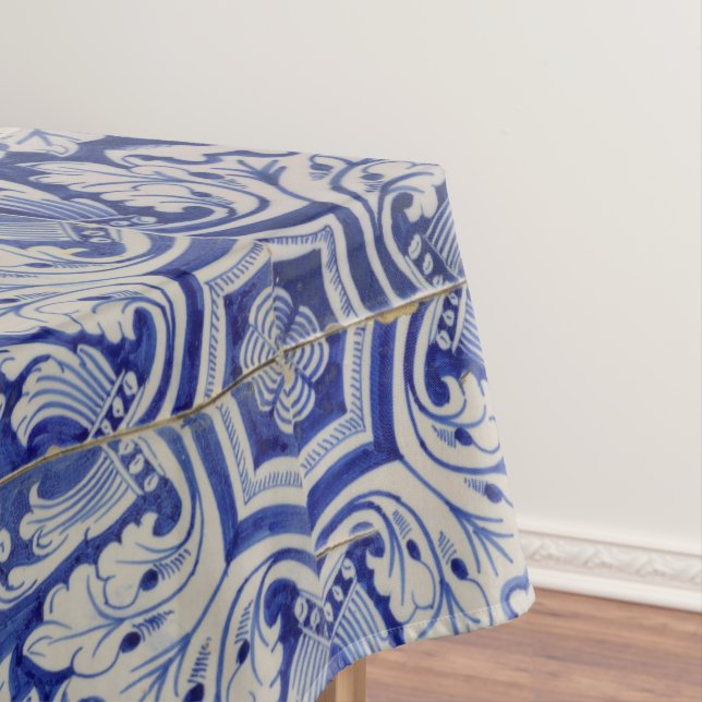Blue & White Mediterranean Vintage Floral Pattern Tablecloth (In Situ)