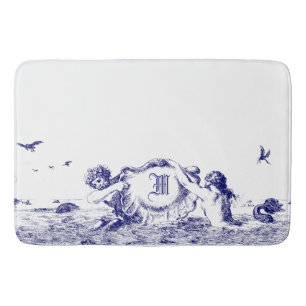 Blue & White Mermaids With Seas hell Monogram Bath Mat