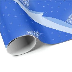 Blue White Merry Christmas Tree Pattern with Stars Wrapping Paper