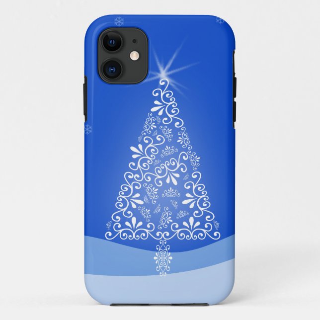 Blue White Merry Christmas Tree Stars Night Light Case-Mate iPhone Case (Back)