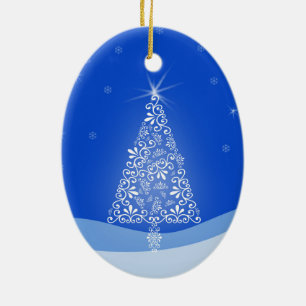 Blue White Merry Christmas Tree Stars Night Light Ceramic Ornament