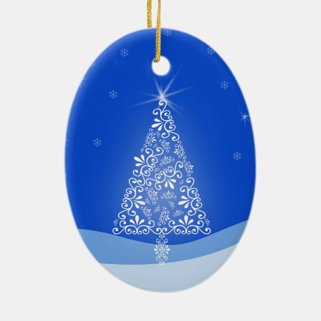 Blue White Merry Christmas Tree Stars Night Light Ceramic Ornament (Back)