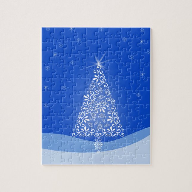 Blue White Merry Christmas Tree Stars Night Light Jigsaw Puzzle (Vertical)