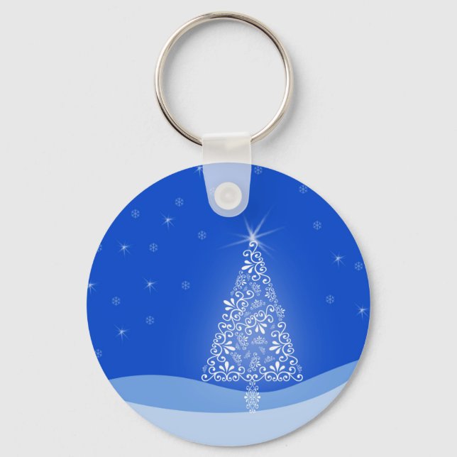 Blue White Merry Christmas Tree Stars Night Light Keychain (Front)
