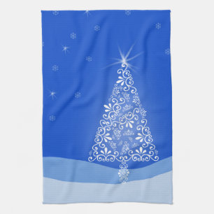 Blue White Merry Christmas Tree Stars Night Light Kitchen Towel