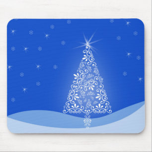 Blue White Merry Christmas Tree Stars Night Light Mouse Pad