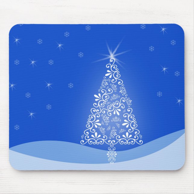 Blue White Merry Christmas Tree Stars Night Light Mouse Pad (Front)