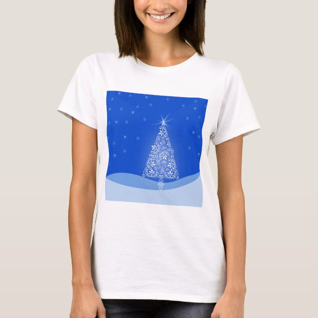 Blue White Merry Christmas Tree Stars Night Light T-Shirt (Front)