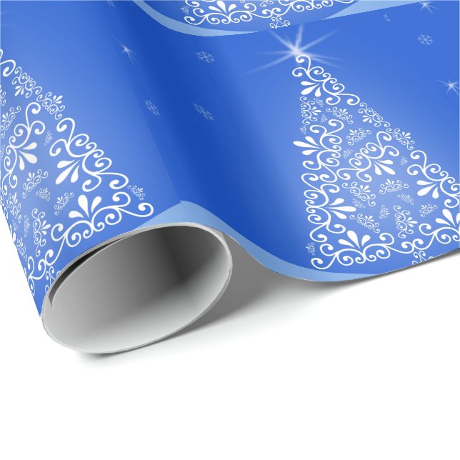 Blue White Merry Christmas Tree Stars Night Light Wrapping Paper (Roll Corner)