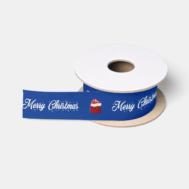 Blue White Merry Christmas with Santa Gift Bag Satin Ribbon (Spool)