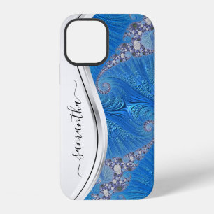 Blue White Metallic Handwritten Monogram iPhone 12 Case