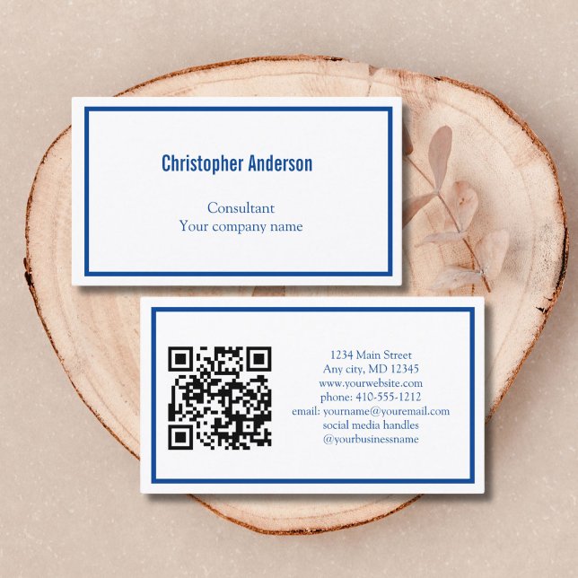 Blue White Minimal Professional Corporate QR Code Business Card (Blue White Professional Corporate Business Card Him or Her QR code)