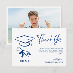 Blue White Minimalist Modern Graduation Photo Thank You Card