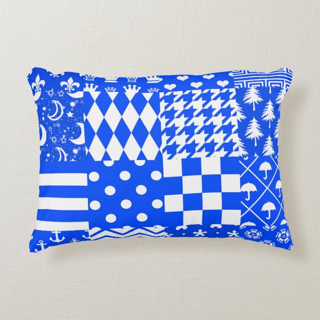 Blue White Mixed Patterns Patchwork Design  Accent Pillow (Front)