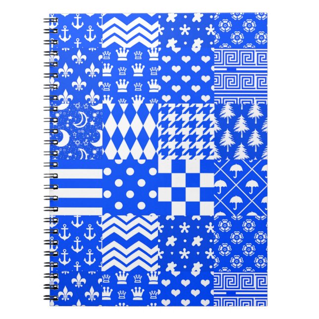 Blue White Mixed Patterns Patchwork Design  Notebook (Front)