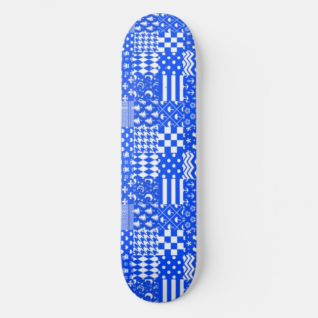 Blue White Mixed Patterns Patchwork Design  Skateboard (Front)
