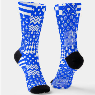 Blue White Mixed Patterns Patchwork Design Socks