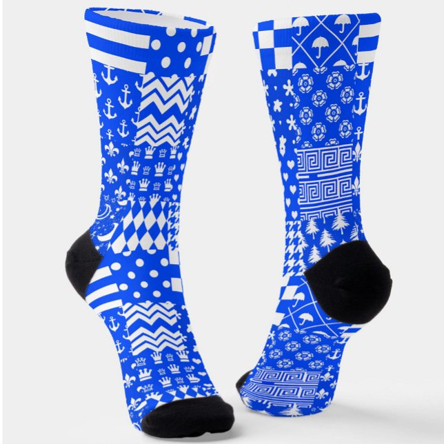 Blue White Mixed Patterns Patchwork Design  Socks (Creator Uploaded)