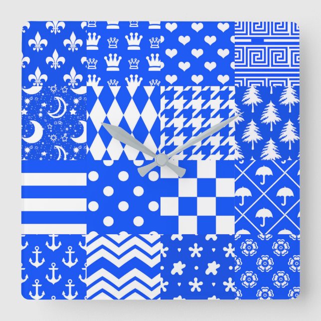 Blue White Mixed Patterns Patchwork Design  Square Wall Clock (Front)