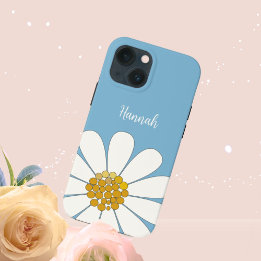 Blue White Modern Daisy Flower Personalize Name iPhone 13 Mini Case