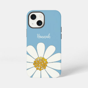 Blue White Modern Daisy Flower Personalize Name iPhone 13 Mini Case