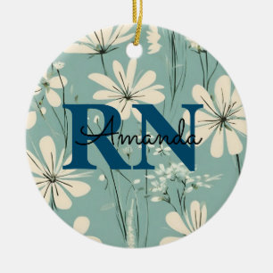 Blue White Modern Daisy Personalized Name RN Nurse Ceramic Ornament